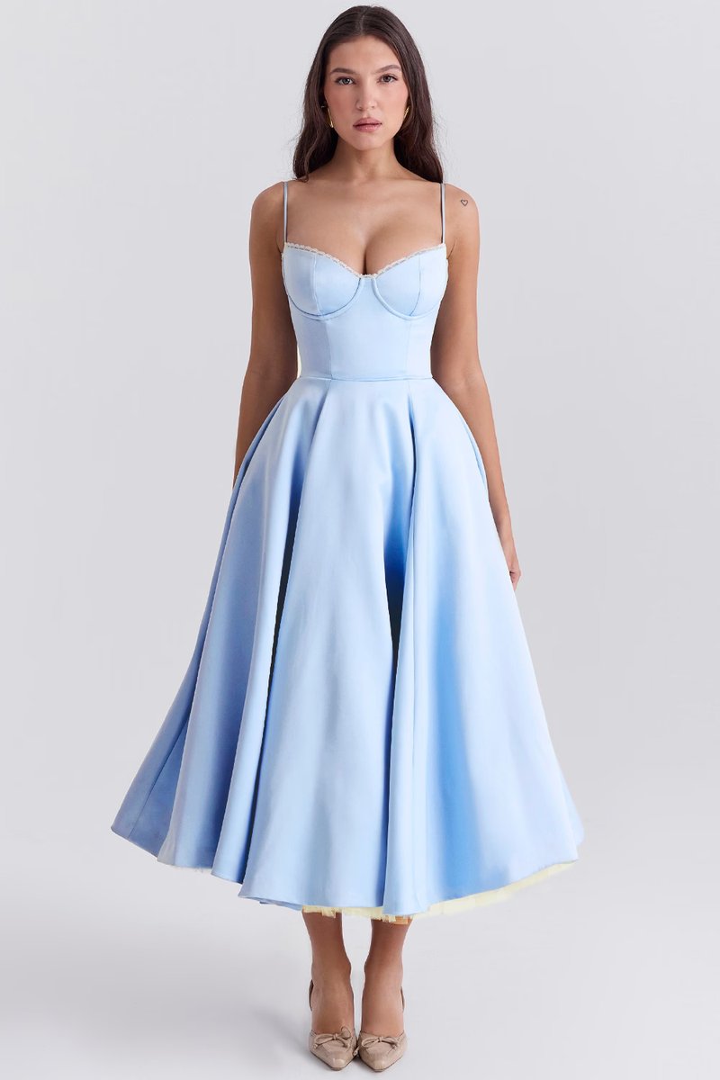 Damen Cocktailparty-Kleid elegantes Midi-Kleid mit Bügelcups Schwingrock - Blau