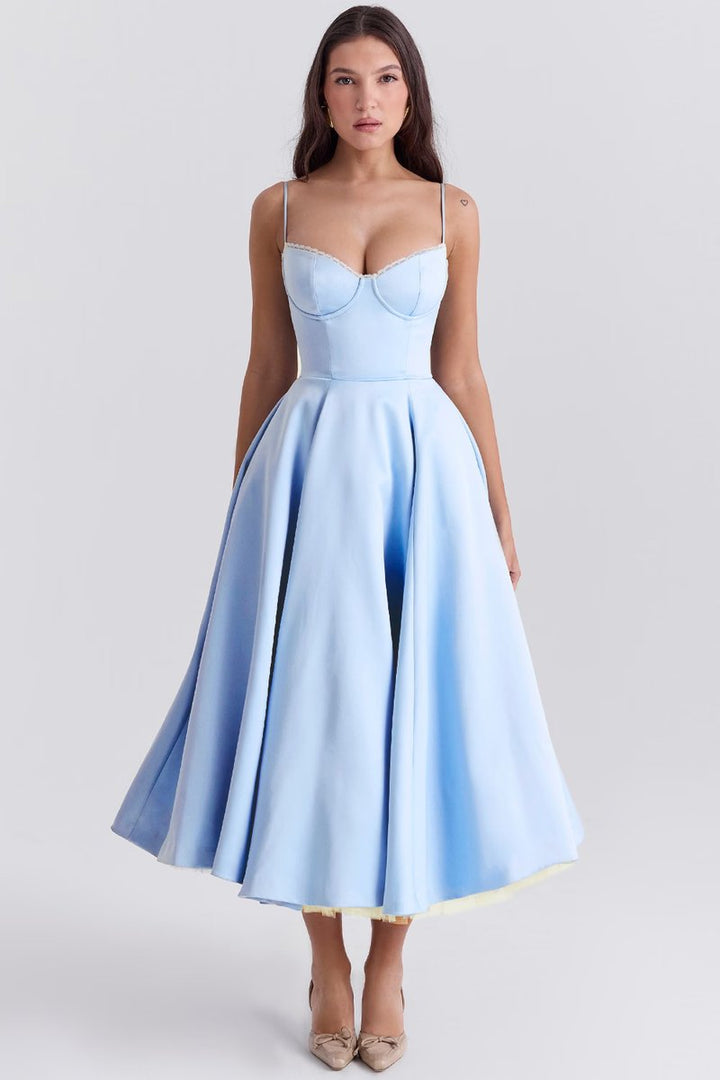 Damen Cocktailparty-Kleid elegantes Midi-Kleid mit Bügelcups Schwingrock - Blau