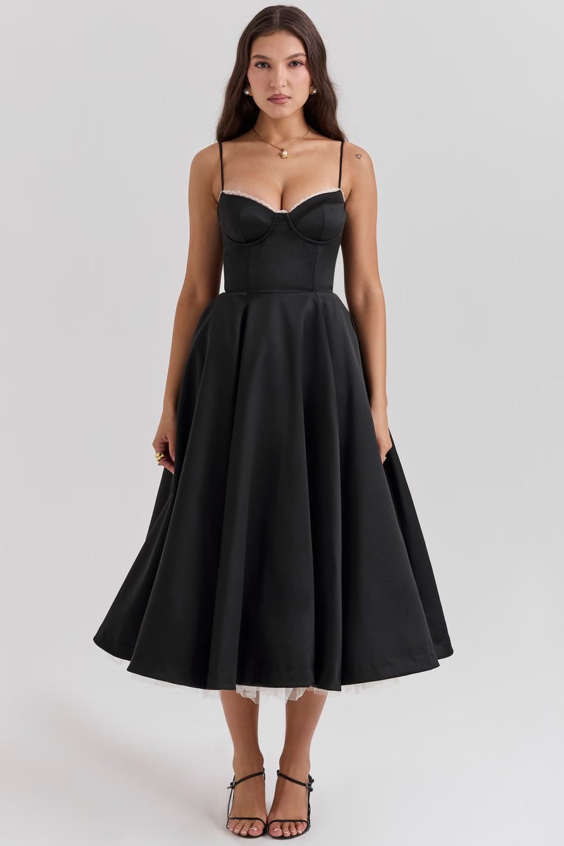 Damen Cocktailparty-Kleid elegantes Midi-Kleid mit Bügelcups Schwingrock - Schwarz