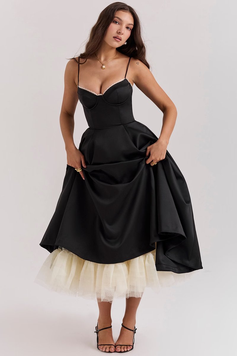 Damen Cocktailparty-Kleid elegantes Midi-Kleid mit Bügelcups Schwingrock