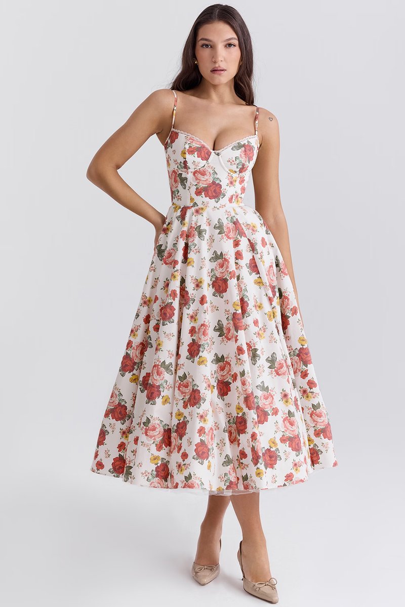 Damen Cocktailparty-Kleid elegantes Midi-Kleid mit Bügelcups Schwingrock - Blume