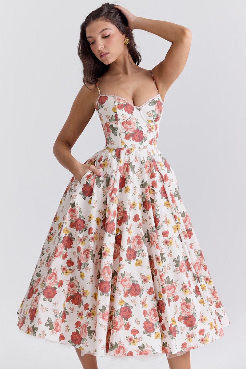 Damen Cocktailparty-Kleid elegantes Midi-Kleid mit Bügelcups Schwingrock