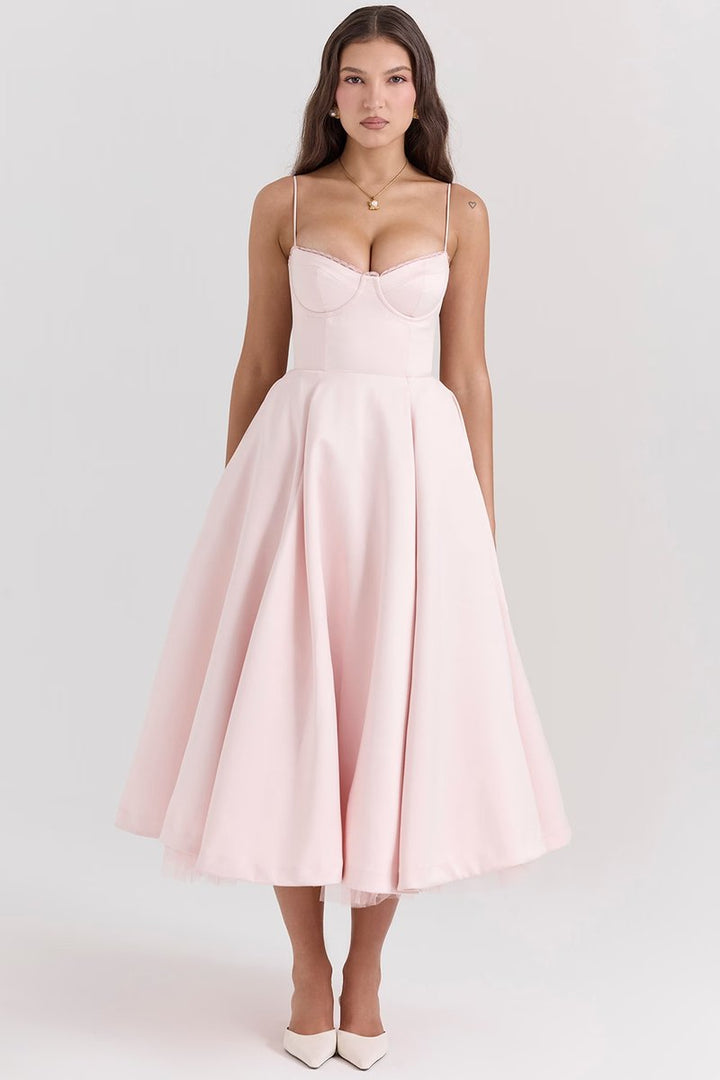 Damen Cocktailparty-Kleid elegantes Midi-Kleid mit Bügelcups Schwingrock - Rosa