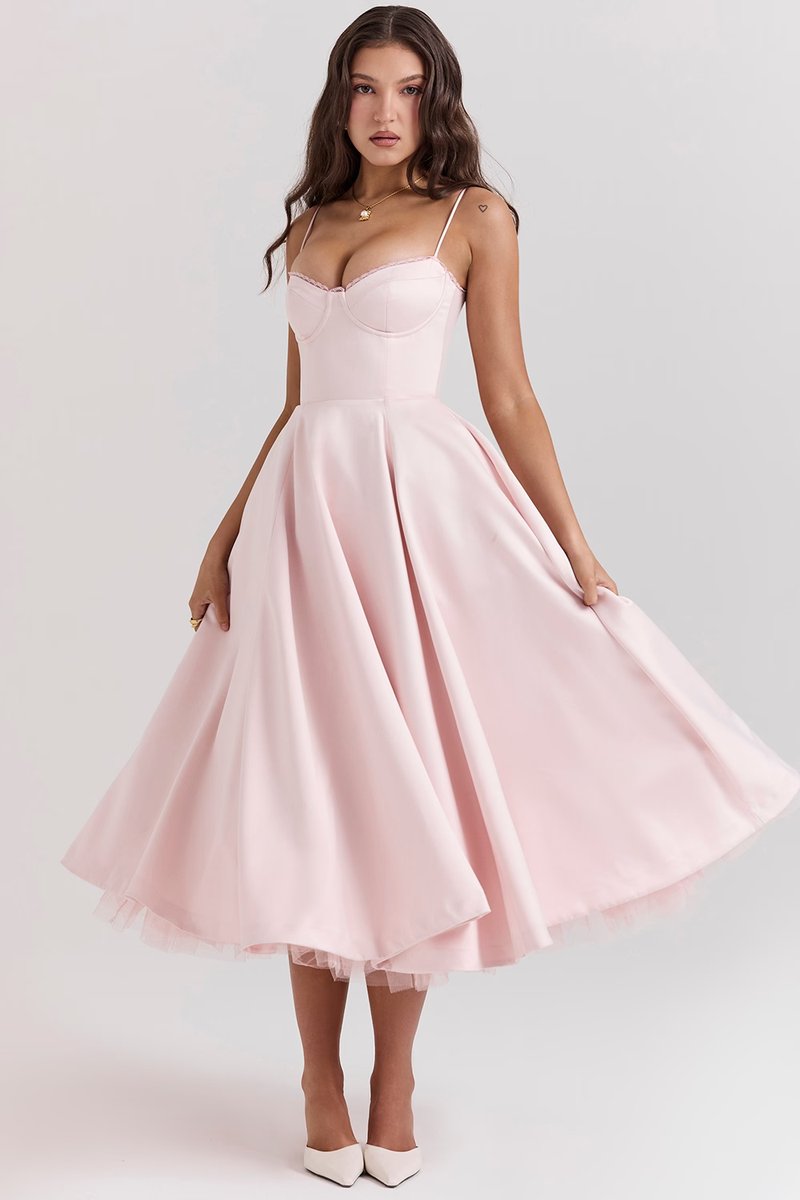 Damen Cocktailparty-Kleid elegantes Midi-Kleid mit Bügelcups Schwingrock