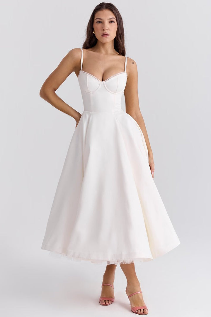 Damen Cocktailparty-Kleid elegantes Midi-Kleid mit Bügelcups Schwingrock - Weiß