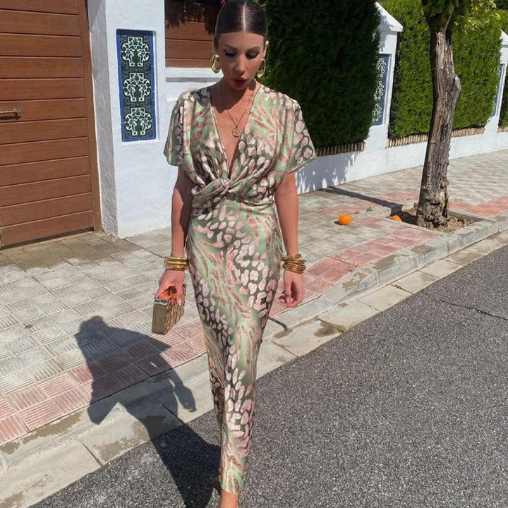 Damen Cocktailparty-Kleid figurbetontes Midi V-Ausschnitt Wickeloptik