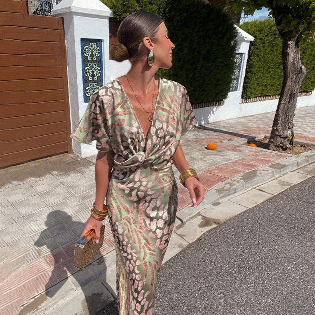Damen Cocktailparty-Kleid figurbetontes Midi V-Ausschnitt Wickeloptik