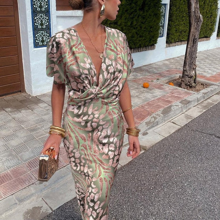Damen Cocktailparty-Kleid figurbetontes Midi V-Ausschnitt Wickeloptik