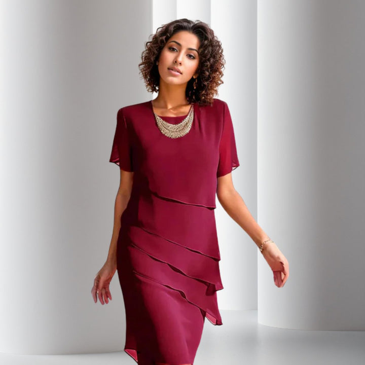 Damen Cocktailparty-Kleid geschichtetes Chiffon Kurzarm Abendkleid - Rot