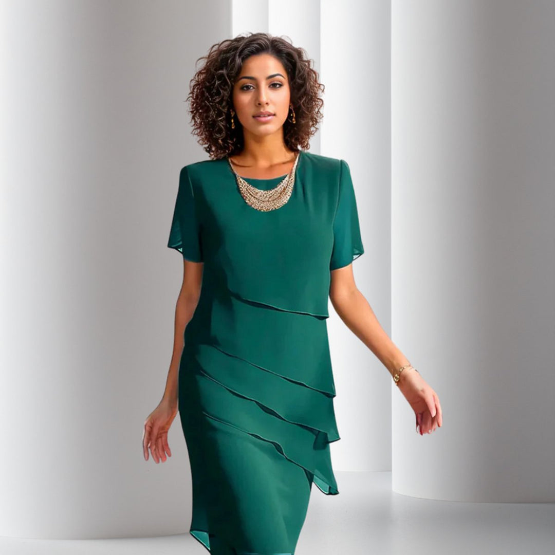 Damen Cocktailparty-Kleid geschichtetes Chiffon Kurzarm Abendkleid - Grün