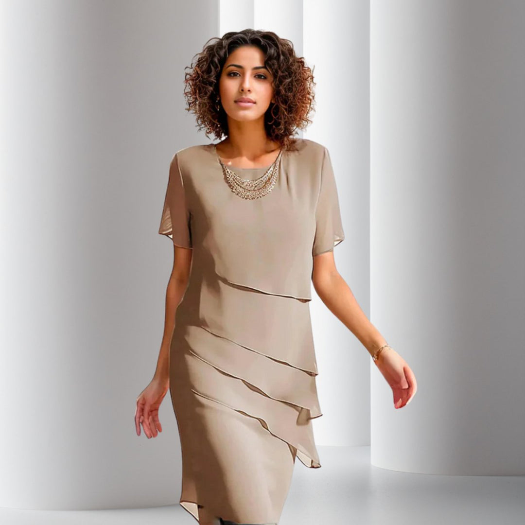 Damen Cocktailparty-Kleid geschichtetes Chiffon Kurzarm Abendkleid - Khaki