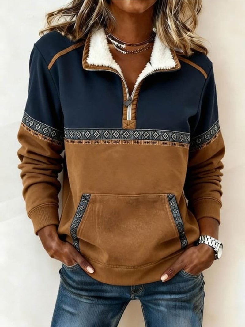Damen Colorblock Fleece-Kragen Halbzip-Pullover Sweatshirt - Multi-colored