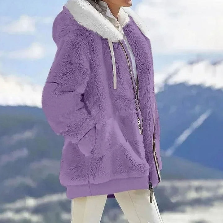 Damen Colorblock Fleecejacke mit Kapuze und Reißverschluss - Lila