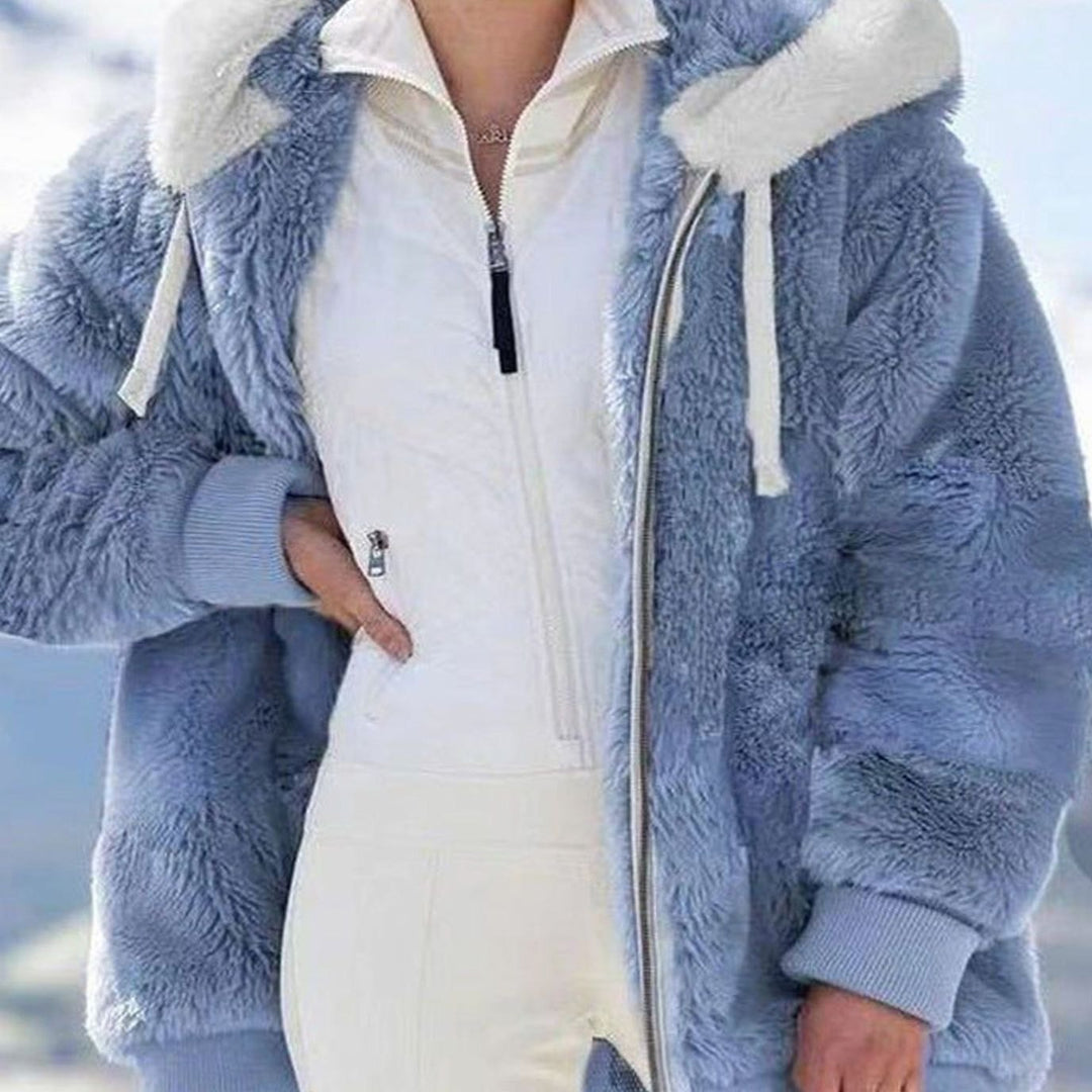 Damen Colorblock Fleecejacke mit Kapuze und Reißverschluss - Blau