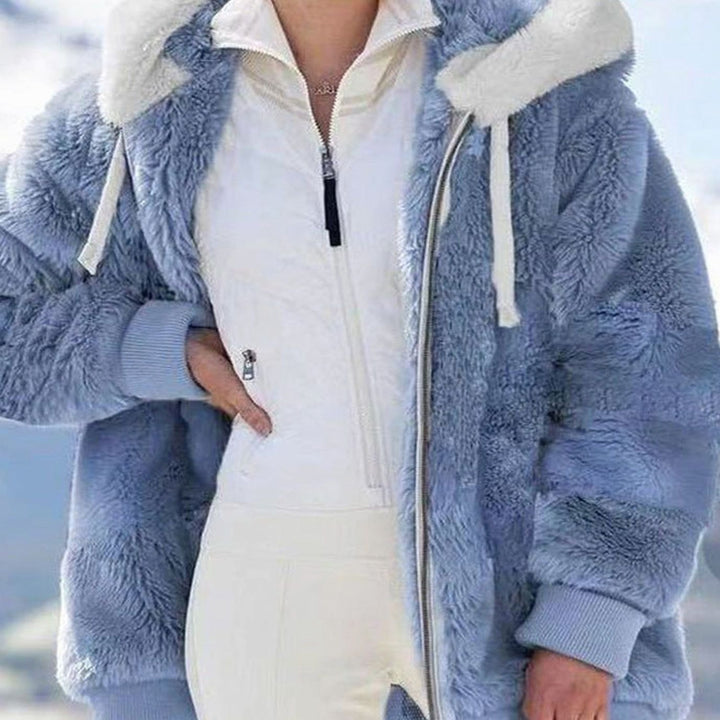 Damen Colorblock Fleecejacke mit Kapuze und Reißverschluss - Blau