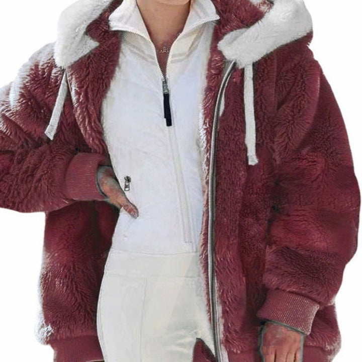 Damen Colorblock Fleecejacke mit Kapuze und Reißverschluss - Rot