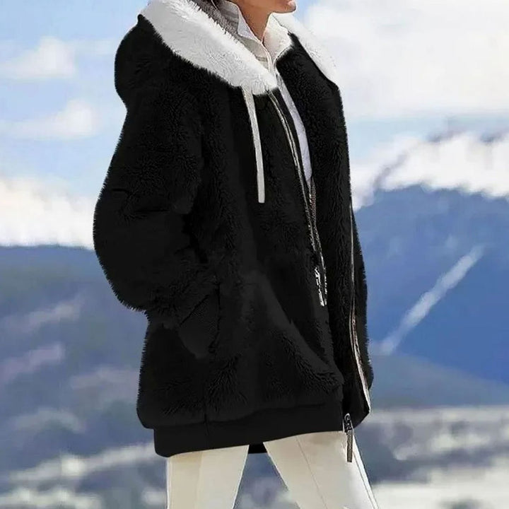 Damen Colorblock Fleecejacke mit Kapuze und Reißverschluss - Schwarz