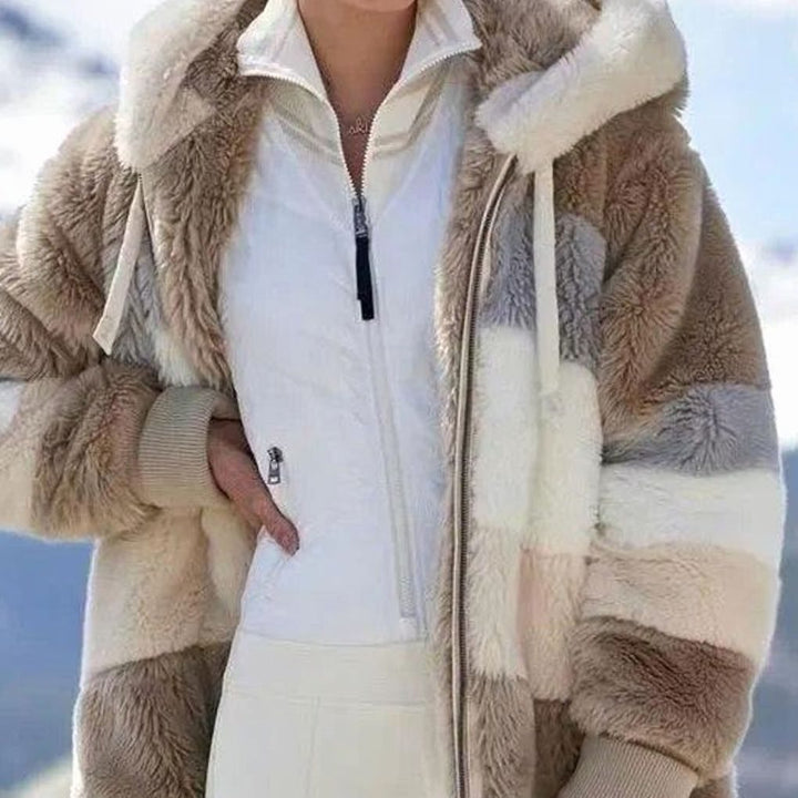 Damen Colorblock Fleecejacke mit Kapuze und Reißverschluss