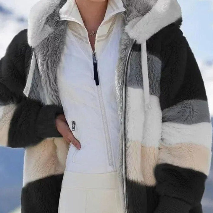 Damen Colorblock Fleecejacke mit Kapuze und Reißverschluss - Schwarze Streifen