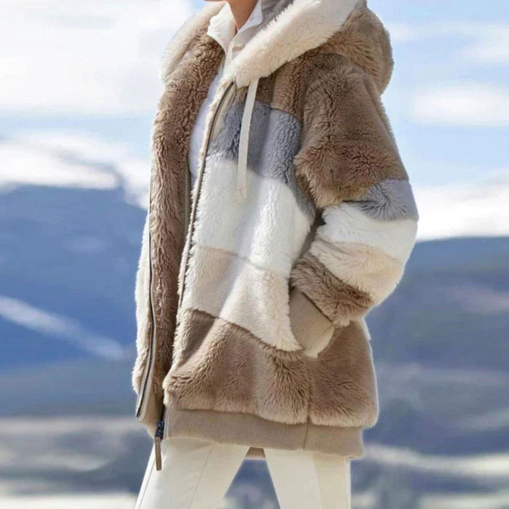 Damen Colorblock Fleecejacke mit Kapuze und Reißverschluss