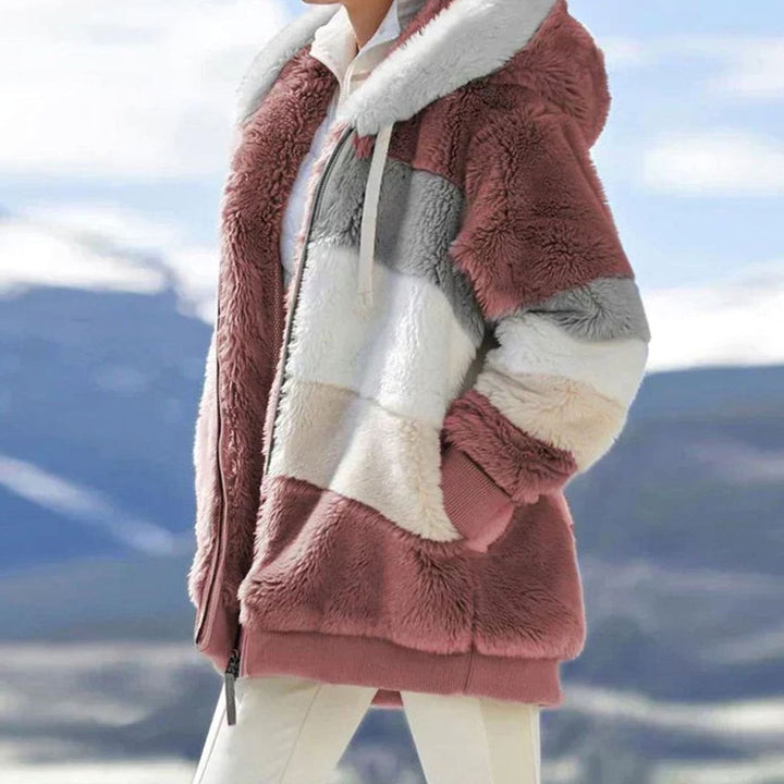 Damen Colorblock Fleecejacke mit Kapuze und Reißverschluss - Rote Streifen