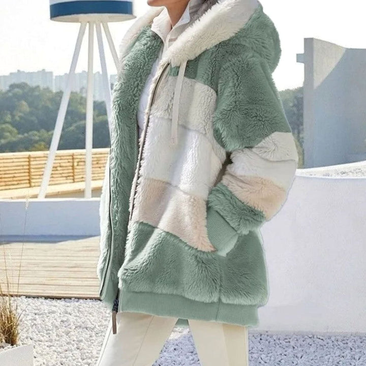 Damen Colorblock Fleecejacke mit Kapuze und Reißverschluss - Grüne Streifen