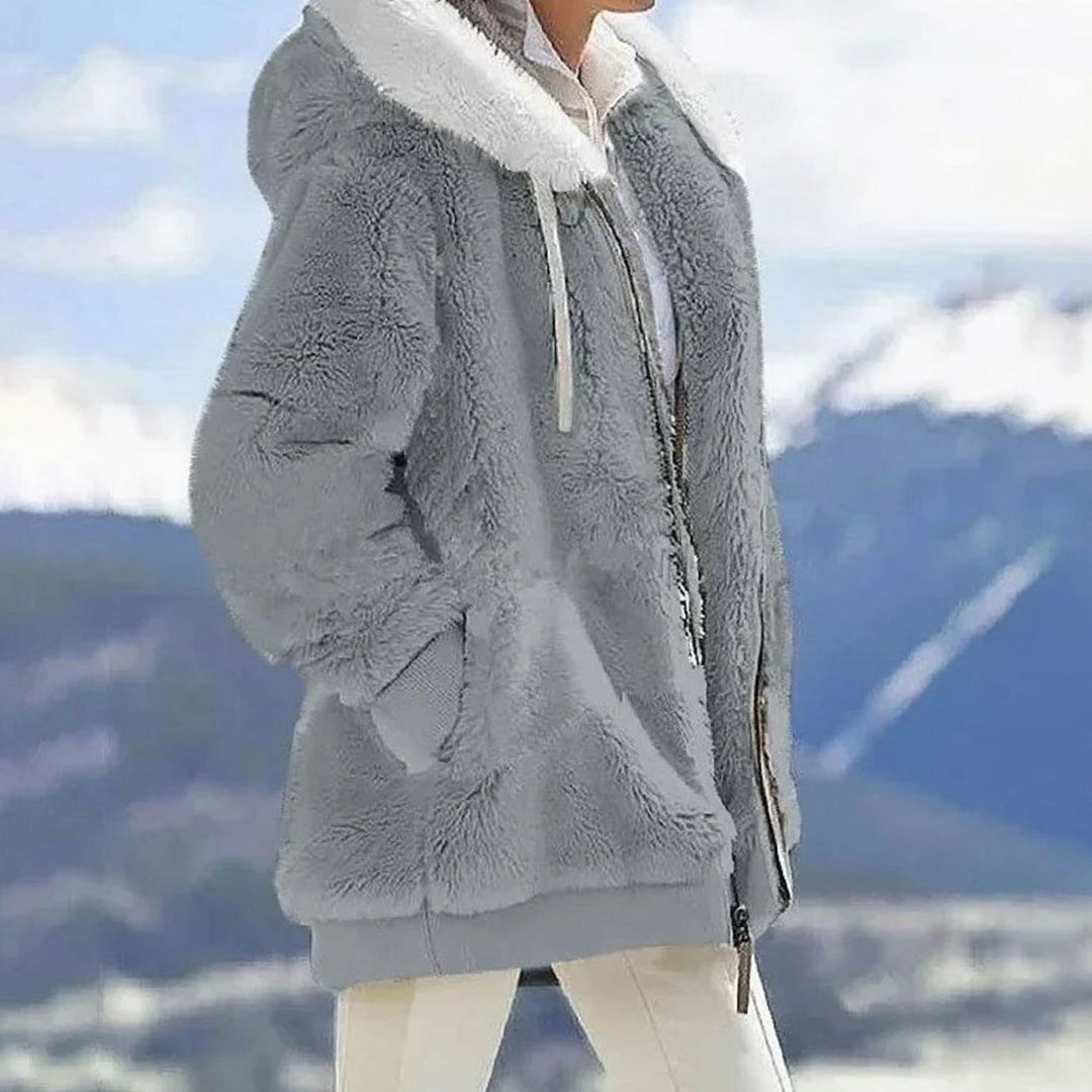 Damen Colorblock Fleecejacke mit Kapuze und Reißverschluss - Grau