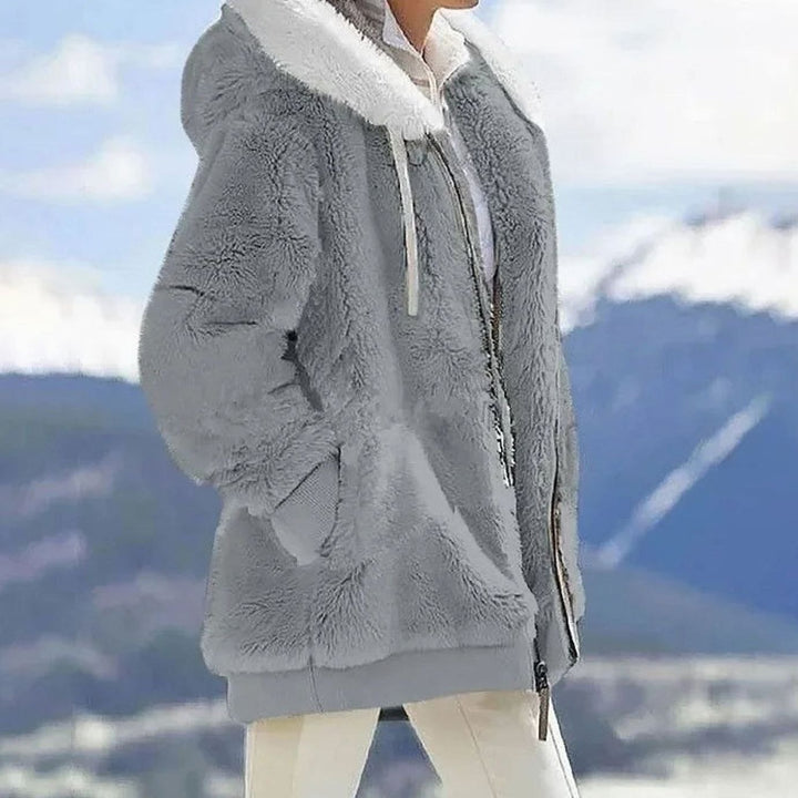 Damen Colorblock Fleecejacke mit Kapuze und Reißverschluss - Grau