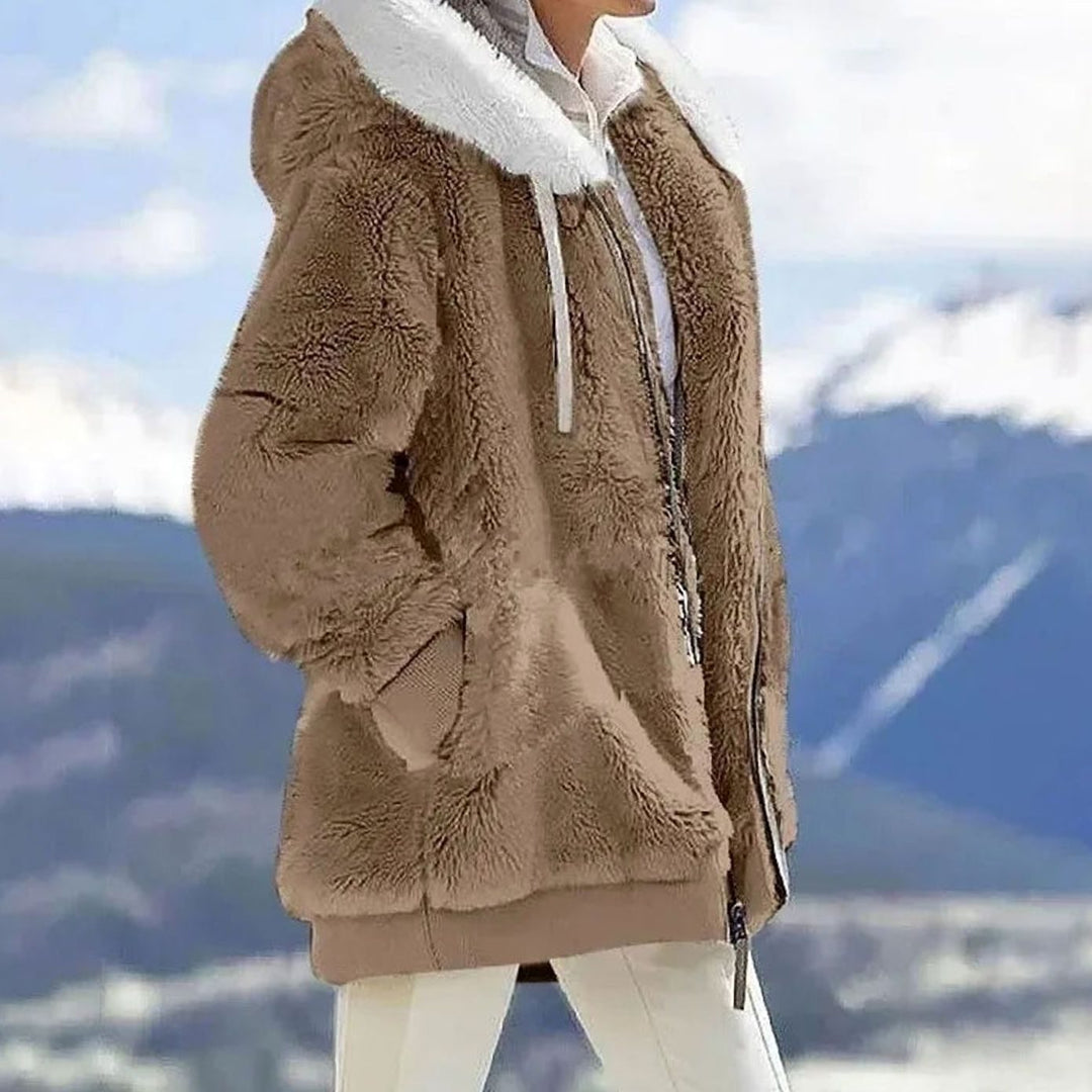 Damen Colorblock Fleecejacke mit Kapuze und Reißverschluss - Braun