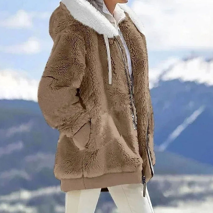Damen Colorblock Fleecejacke mit Kapuze und Reißverschluss - Braun