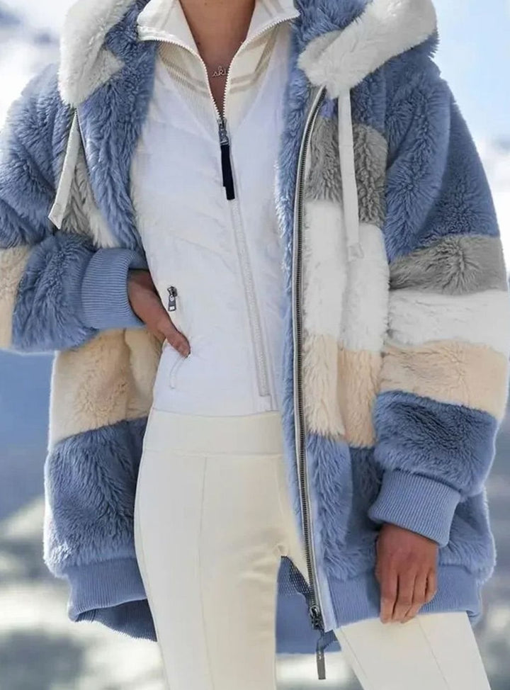 Damen Colorblock Fleecejacke mit Kapuze und Reißverschluss
