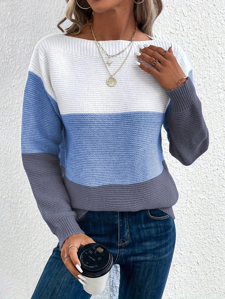 Damen Colorblock Knit Sweater Rundhals Relaxed Fit Strickpullover - Blau