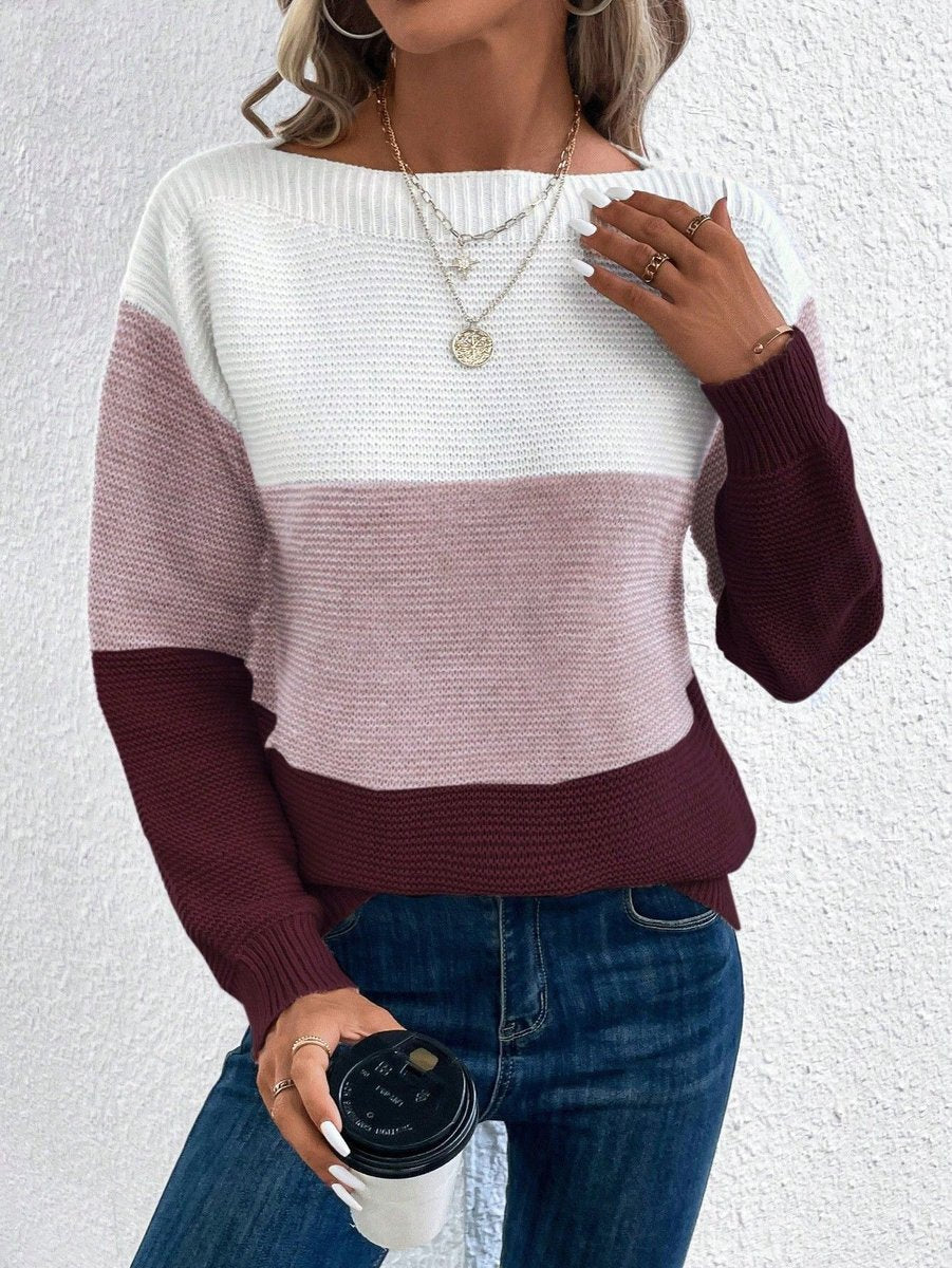 Damen Colorblock Knit Sweater Rundhals Relaxed Fit Strickpullover - Burgunder
