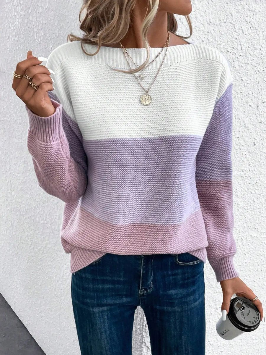 Damen Colorblock Knit Sweater Rundhals Relaxed Fit Strickpullover - Lila