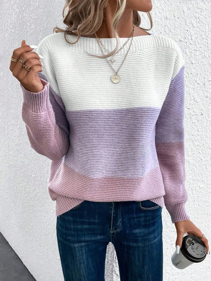 Damen Colorblock Knit Sweater Rundhals Relaxed Fit Strickpullover - Lila
