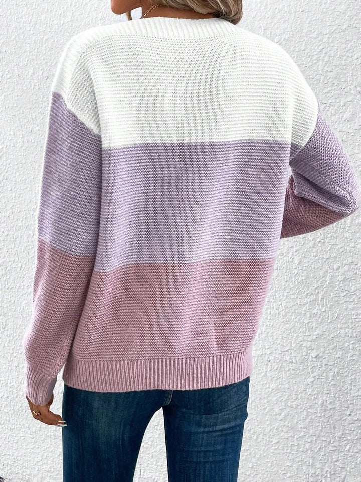 Damen Colorblock Knit Sweater Rundhals Relaxed Fit Strickpullover