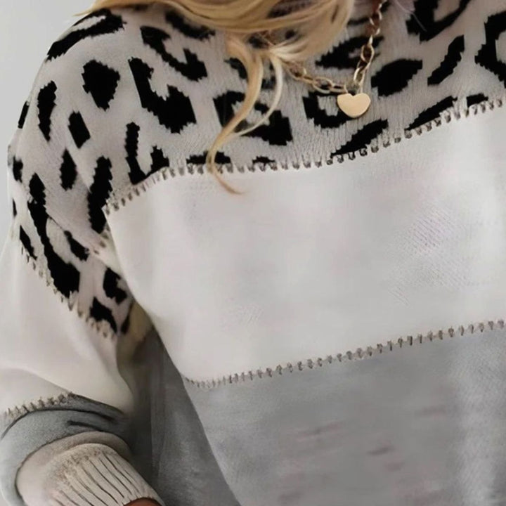 Damen Colorblock Strickpullover mit Farbblock und Leopardenmuster Rundhals