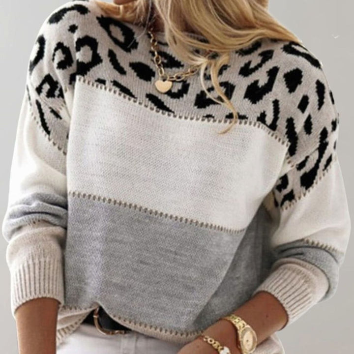 Damen Colorblock Strickpullover mit Farbblock und Leopardenmuster Rundhals