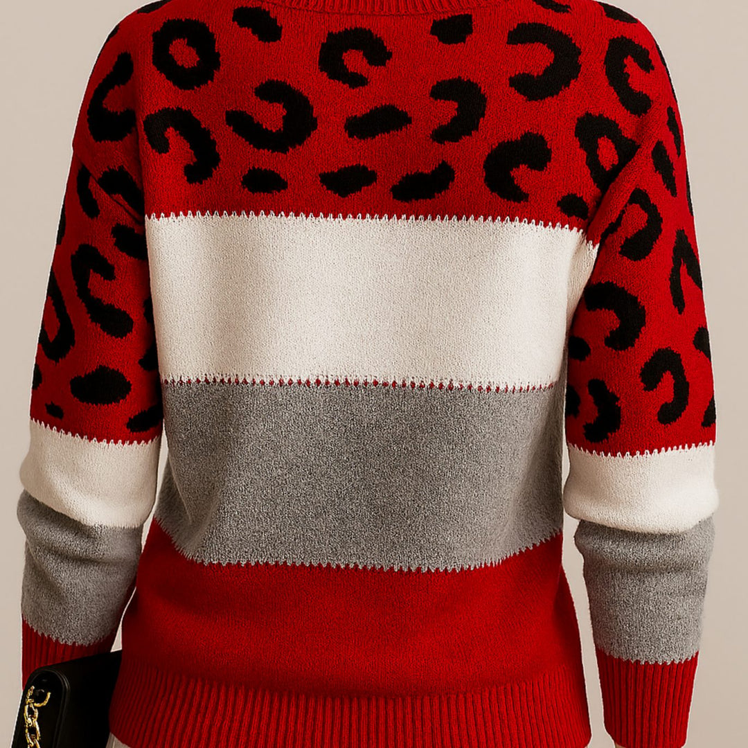 Damen Colorblock Strickpullover mit Farbblock und Leopardenmuster Rundhals - Rot