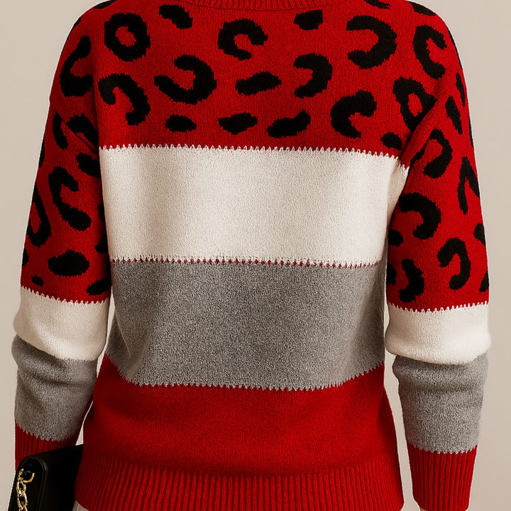 Damen Colorblock Strickpullover mit Farbblock und Leopardenmuster Rundhals - Rot