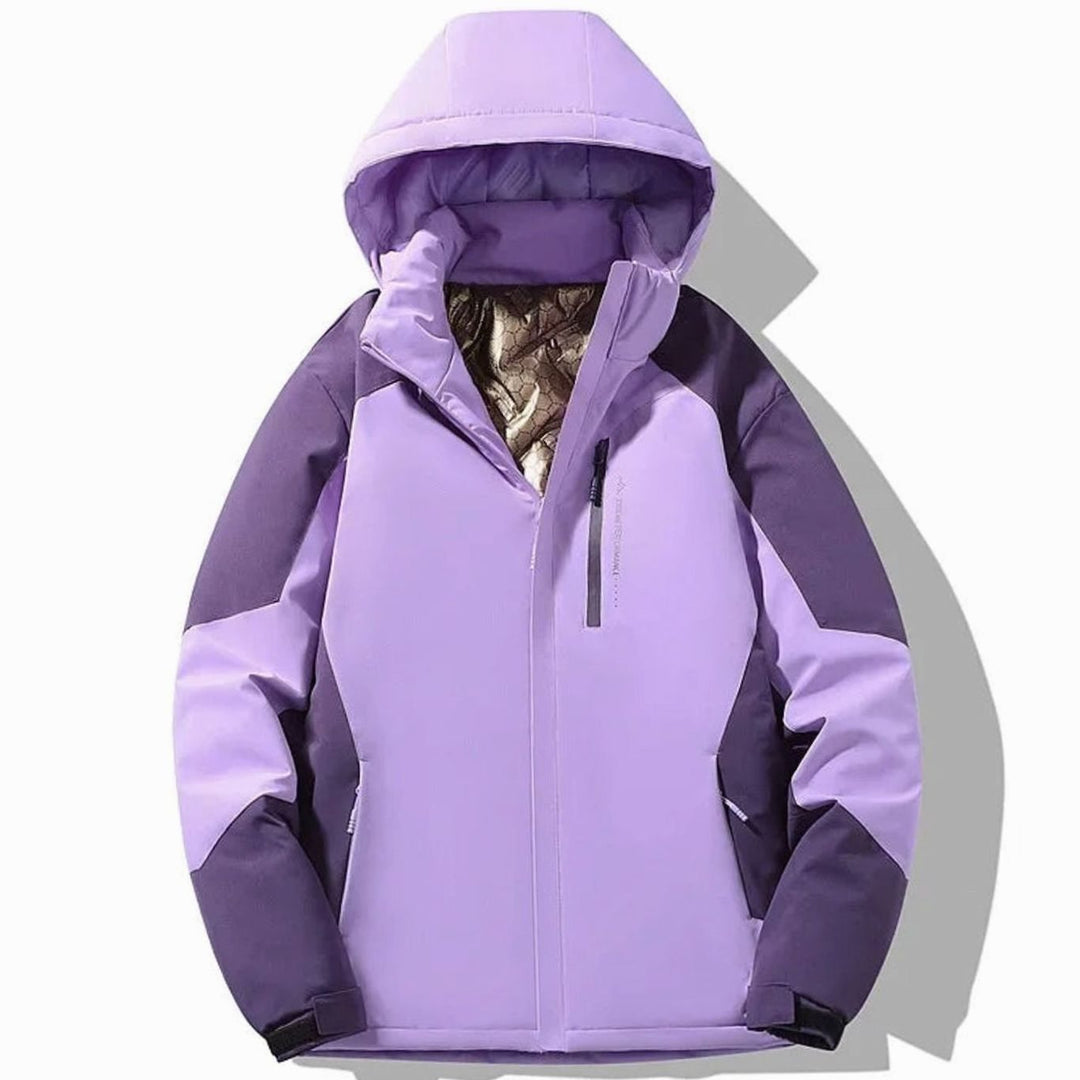 Damen Colorblock-Winter-Skijacke mit Kapuze Warm Gefüttert - Lila
