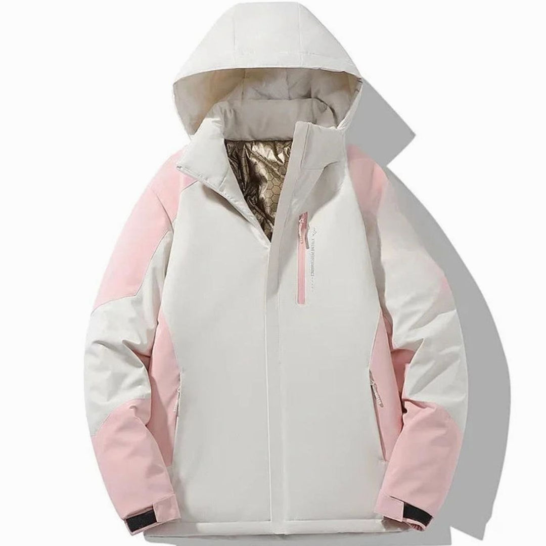 Damen Colorblock-Winter-Skijacke mit Kapuze Warm Gefüttert - Reisweiß