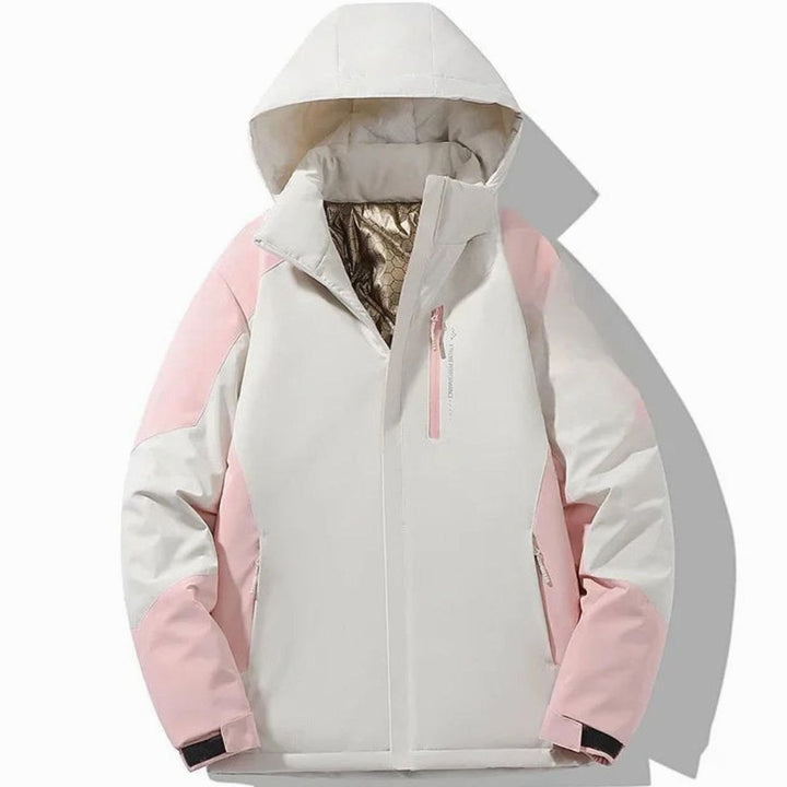 Damen Colorblock-Winter-Skijacke mit Kapuze Warm Gefüttert - Reisweiß