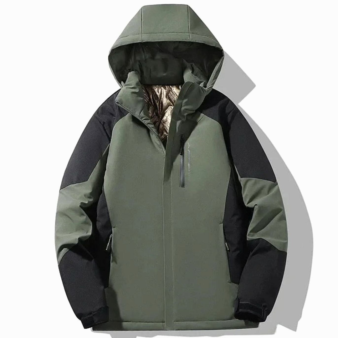 Damen Colorblock-Winter-Skijacke mit Kapuze Warm Gefüttert - Armeegrün