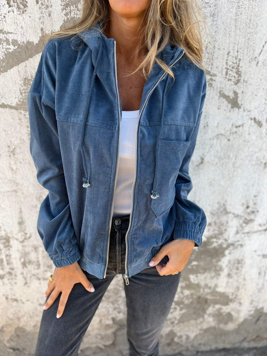 Damen Cord Kapuzenjacke mit Reißverschluss Oversized Freizeitjacke - Blau