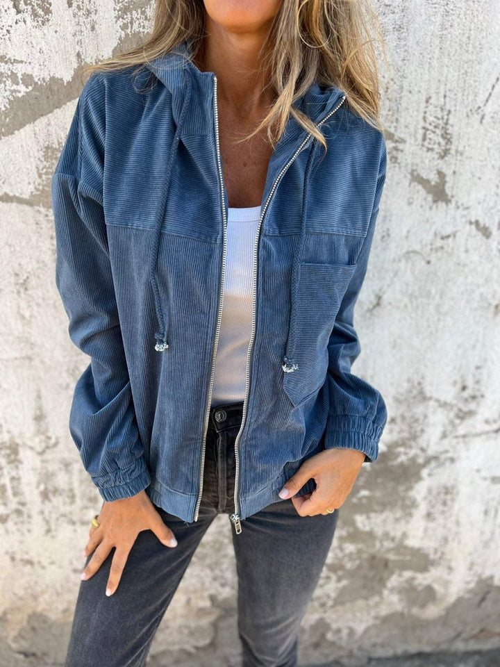 Damen Cord Kapuzenjacke mit Reißverschluss Oversized Freizeitjacke - Blau