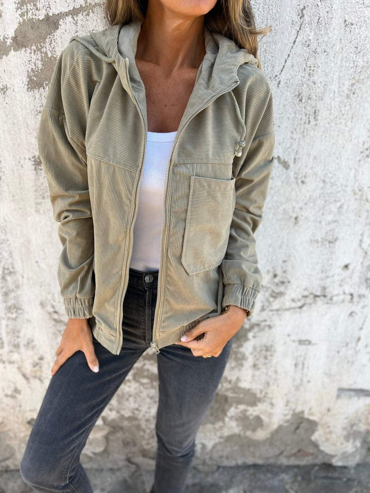 Damen Cord Kapuzenjacke mit Reißverschluss Oversized Freizeitjacke - Grün