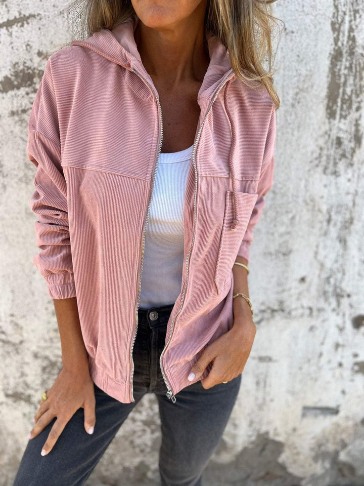 Damen Cord Kapuzenjacke mit Reißverschluss Oversized Freizeitjacke - Rosa