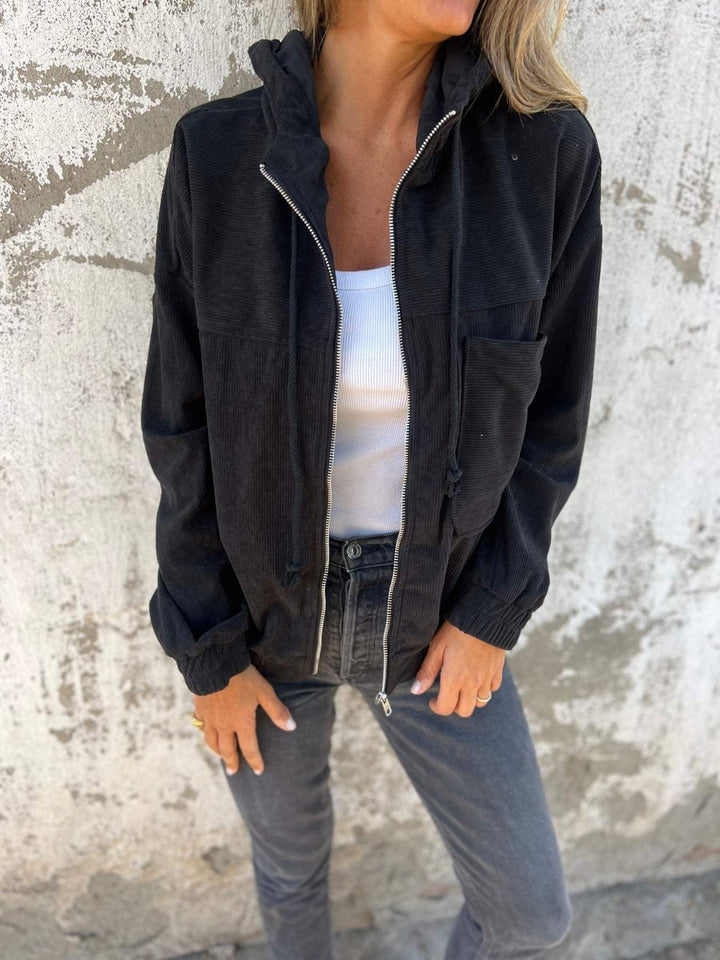 Damen Cord Kapuzenjacke mit Reißverschluss Oversized Freizeitjacke - Schwarz