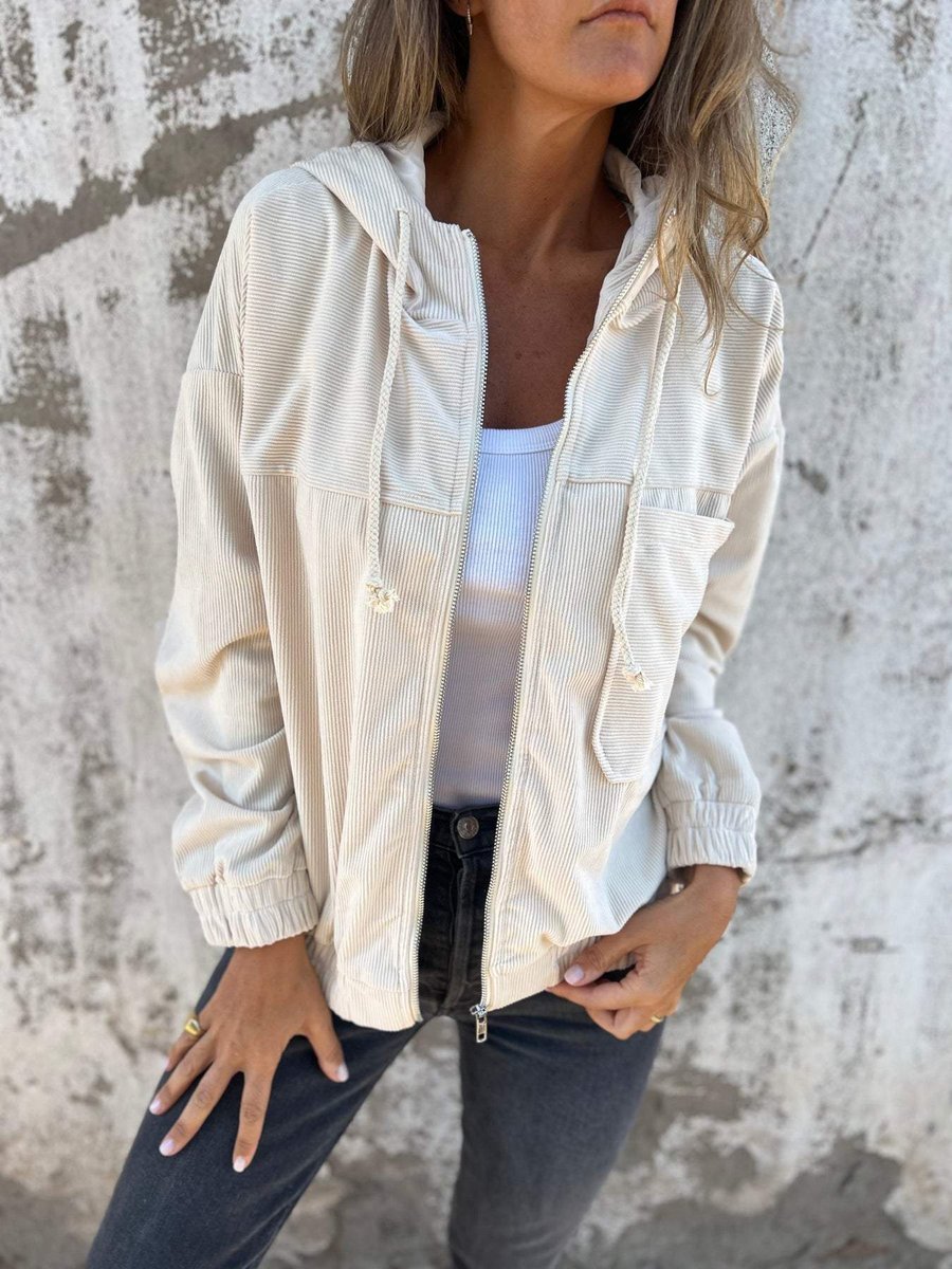 Damen Cord Kapuzenjacke mit Reißverschluss Oversized Freizeitjacke - Weiß